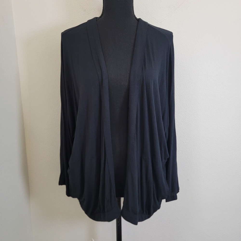 prAna Foundation Wrap Cardigan Black Tencel Modal Open Front Pocket Small Travel
